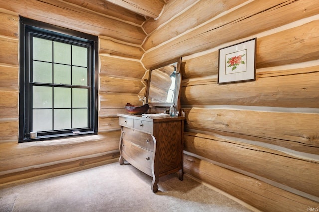 details featuring light carpet, rustic walls, and vanity