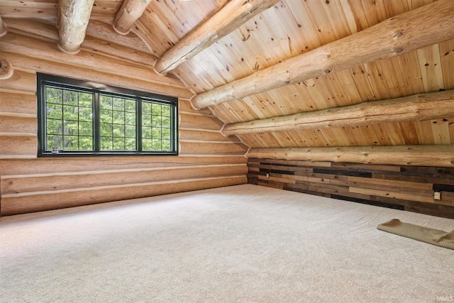 additional living space with carpet flooring, lofted ceiling with beams, wood ceiling, and log walls