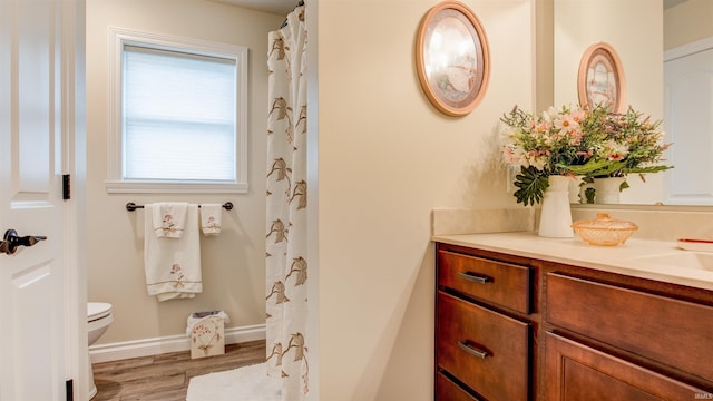 bathroom featuring hardwood / wood-style flooring, toilet, and vanity