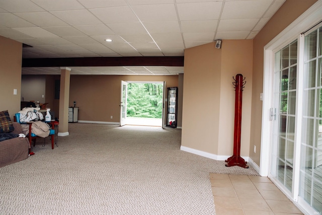 interior space with carpet and a drop ceiling