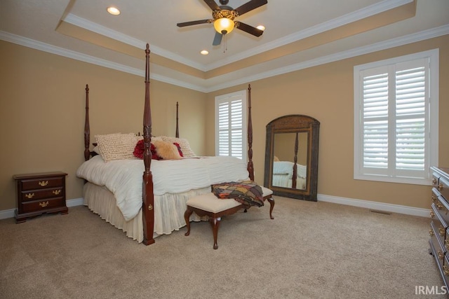 bedroom with a raised ceiling, multiple windows, and crown molding