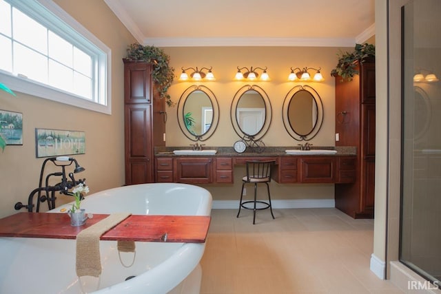 bathroom with dual bowl vanity, tile flooring, independent shower and bath, and ornamental molding