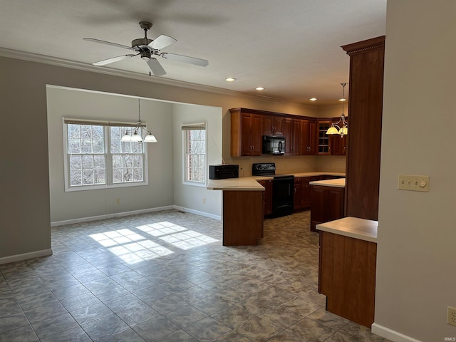 kitchen with a kitchen island, ceiling fan with notable chandelier, hanging light fixtures, black appliances, and light tile floors