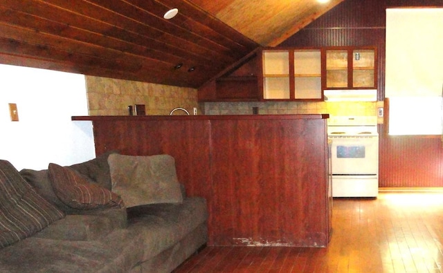 living room featuring wooden ceiling, wooden walls, dark hardwood / wood-style floors, and lofted ceiling