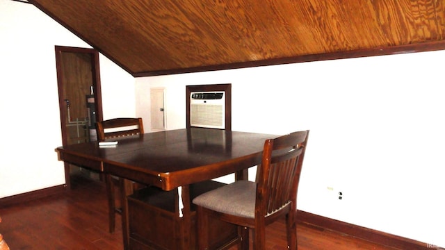 dining room with dark hardwood / wood-style flooring, wooden ceiling, and vaulted ceiling