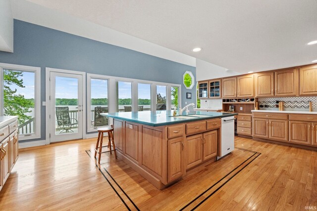 kitchen featuring dishwasher, light hardwood / wood-style floors, a kitchen island with sink, and backsplash