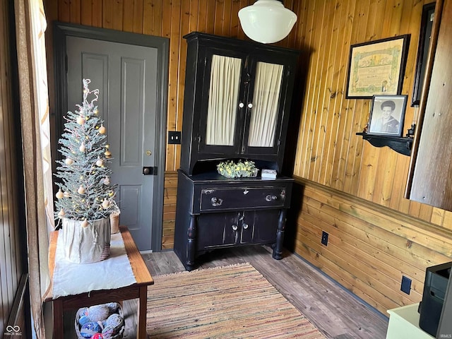 interior space featuring wood walls and hardwood / wood-style floors