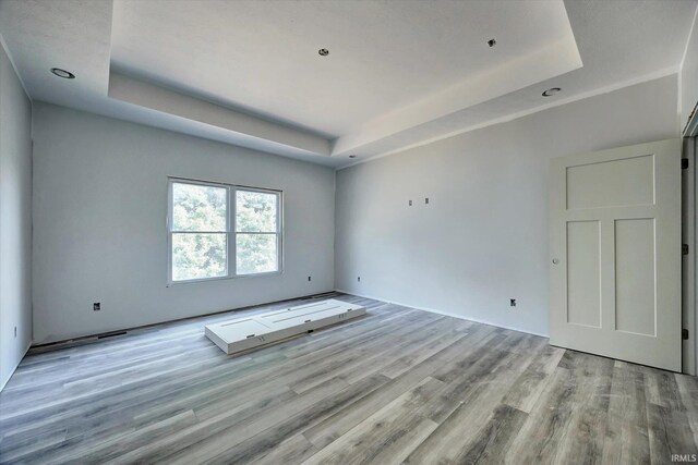 empty room featuring wood-type flooring and a raised ceiling