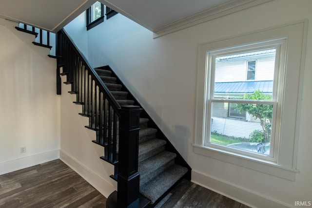 stairs featuring crown molding and dark hardwood / wood-style floors