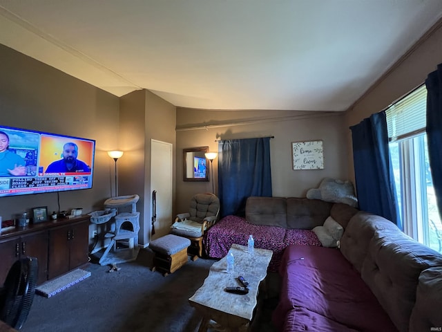 carpeted living room with lofted ceiling