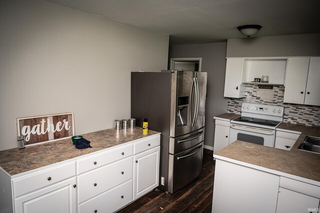 kitchen with white range with electric cooktop, stainless steel refrigerator with ice dispenser, dark hardwood / wood-style floors, tasteful backsplash, and white cabinetry