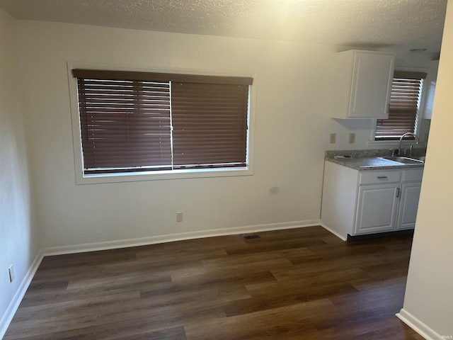 unfurnished dining area with a textured ceiling, baseboards, dark wood finished floors, and a sink