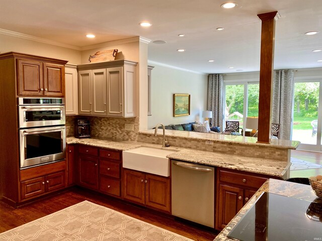 kitchen featuring light stone countertops, appliances with stainless steel finishes, dark hardwood / wood-style flooring, crown molding, and sink