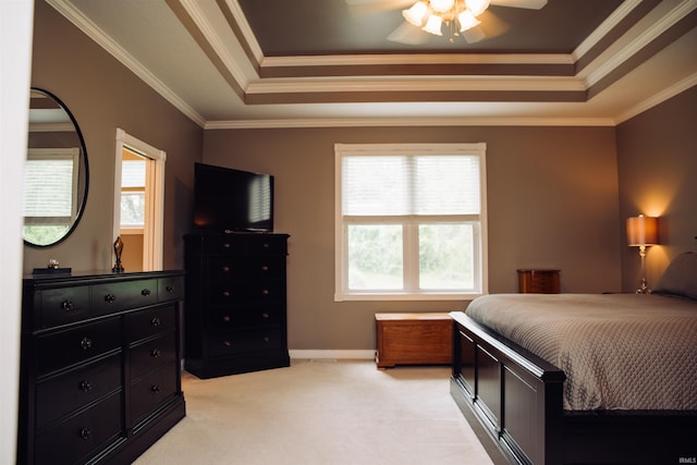 bedroom with light carpet, multiple windows, and a tray ceiling