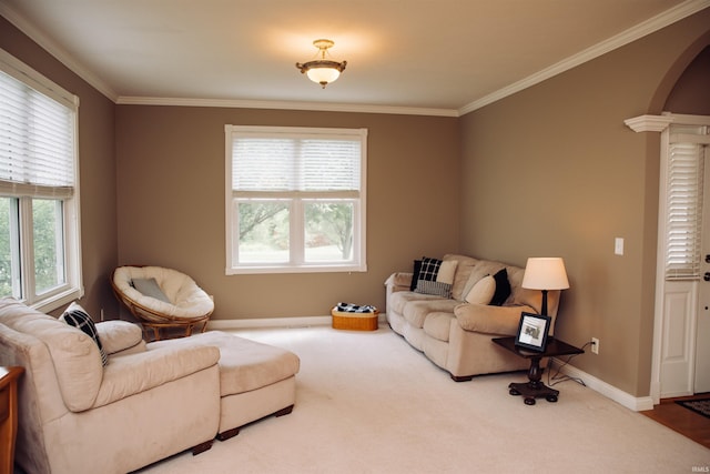 living room featuring a healthy amount of sunlight, baseboards, arched walkways, and crown molding