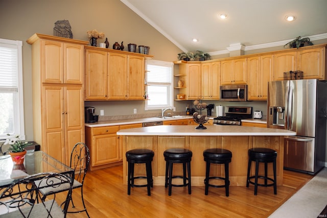 kitchen featuring a kitchen island, stainless steel appliances, and light countertops