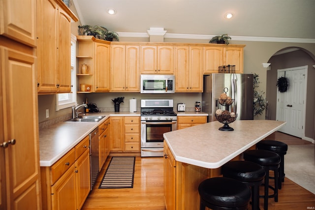 kitchen with open shelves, a kitchen island, stainless steel appliances, and light countertops