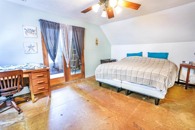 bedroom featuring ceiling fan and lofted ceiling