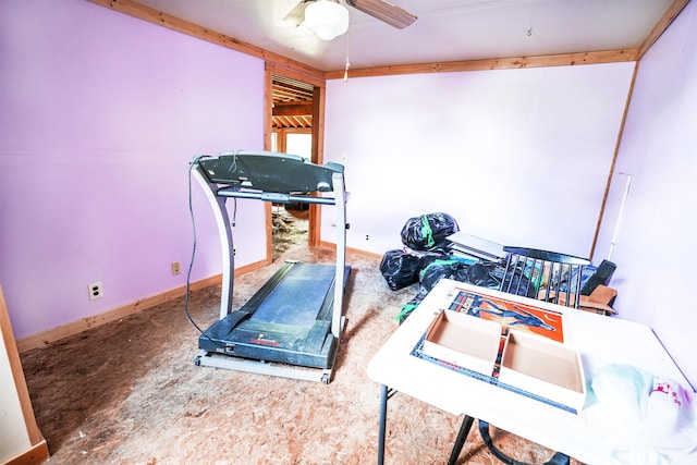 workout area with ceiling fan