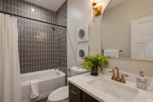 full bathroom with vanity, toilet, and shower / tub combo with curtain