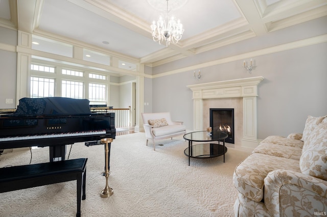 sitting room featuring coffered ceiling, crown molding, a fireplace, beam ceiling, and a chandelier