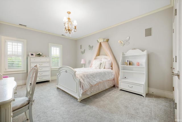 bedroom with light carpet, a notable chandelier, and ornamental molding