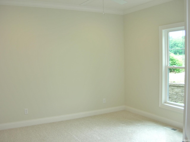 carpeted spare room with ornamental molding