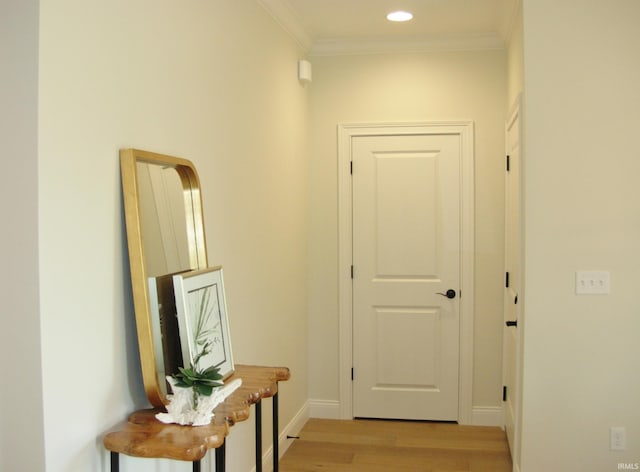 hallway featuring light wood-type flooring and crown molding