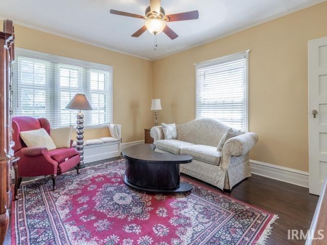 living room with ceiling fan, dark hardwood / wood-style flooring, and ornamental molding