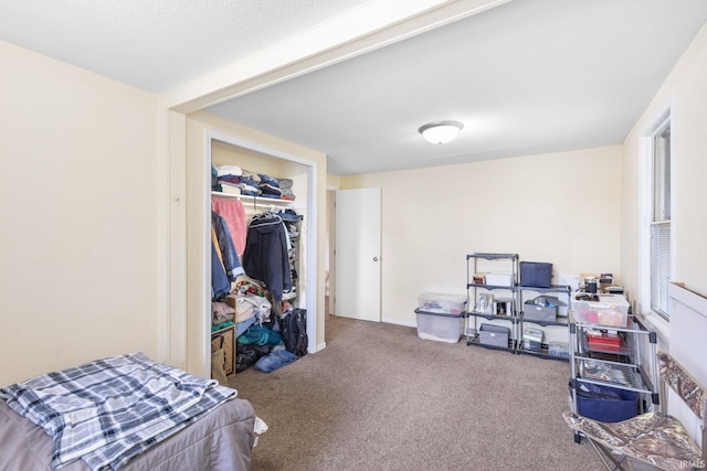 bedroom with carpet, a textured ceiling, and a closet