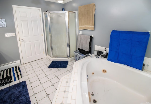 bathroom with tile patterned floors, separate shower and tub, and a baseboard heating unit