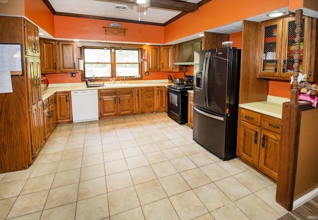 kitchen featuring dishwasher, wall chimney exhaust hood, stainless steel refrigerator with ice dispenser, black / electric stove, and ornamental molding