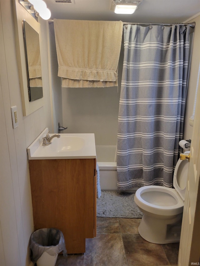 full bathroom with shower / bathtub combination with curtain, wood walls, vanity, and toilet