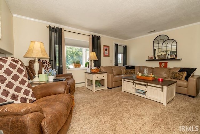 carpeted living room with ornamental molding, a textured ceiling, and a baseboard heating unit