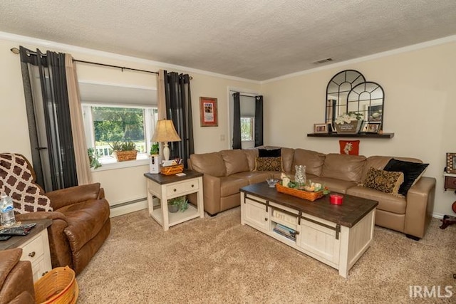 living room featuring ornamental molding, light colored carpet, a textured ceiling, and a baseboard heating unit