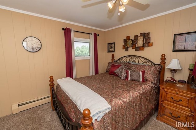 bedroom with baseboard heating, ceiling fan, carpet floors, and ornamental molding