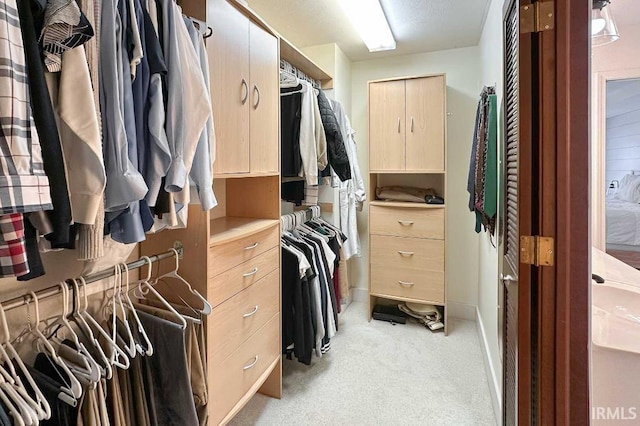 walk in closet featuring light carpet