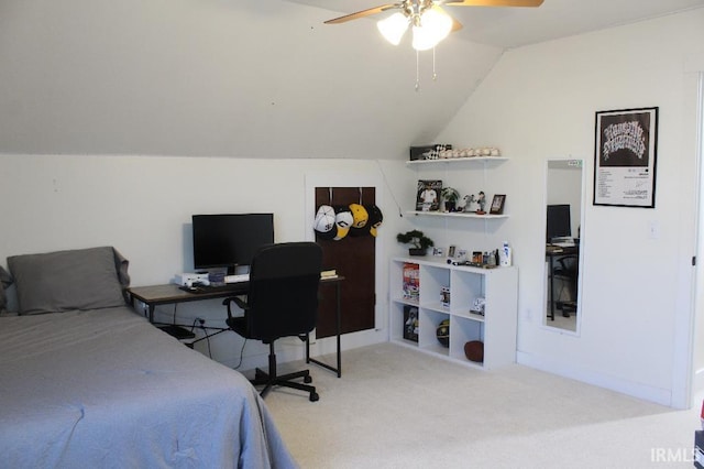 carpeted bedroom featuring ceiling fan and lofted ceiling