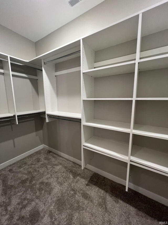 spacious closet featuring dark colored carpet