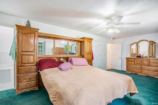 carpeted bedroom featuring connected bathroom, ceiling fan, and a textured ceiling