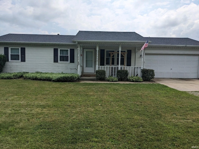 ranch-style home with a front lawn, a garage, and covered porch