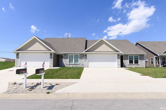 single story home featuring a garage and a front yard