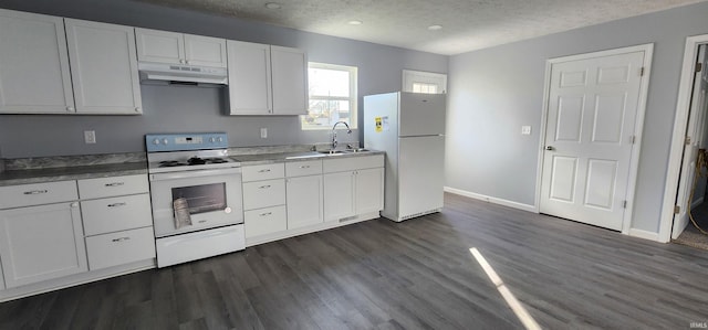 kitchen with sink, white cabinetry, a textured ceiling, dark hardwood / wood-style flooring, and white appliances