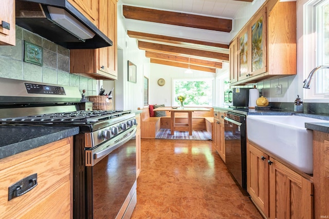 kitchen with gas range, ventilation hood, sink, lofted ceiling with beams, and dishwasher