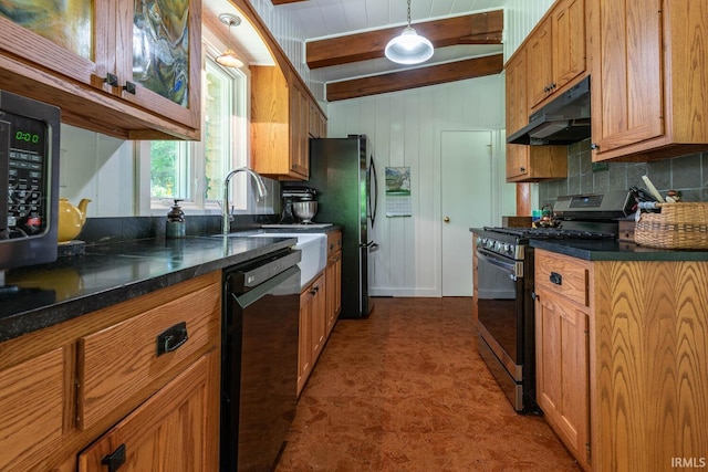 kitchen with backsplash, sink, black appliances, beam ceiling, and hanging light fixtures