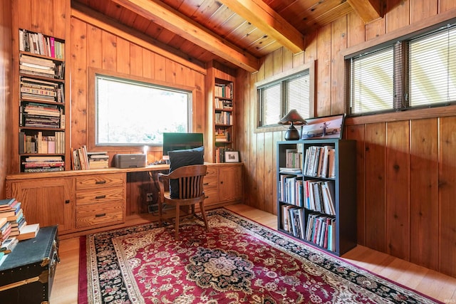 office area featuring beam ceiling, wood walls, and plenty of natural light