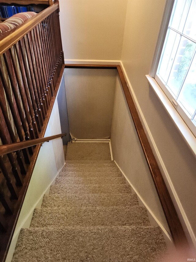 staircase with carpet flooring and baseboards