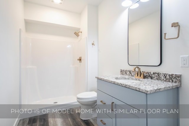 bathroom featuring vanity, toilet, a shower, and wood-type flooring