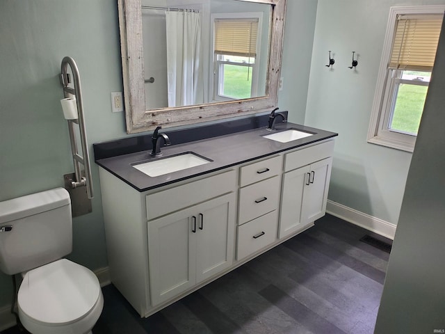 bathroom with vanity, toilet, wood-type flooring, and a wealth of natural light