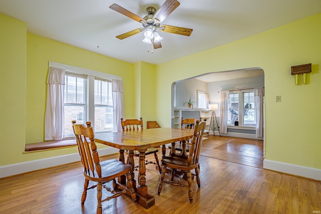 dining room with ceiling fan, plenty of natural light, and light wood-type flooring